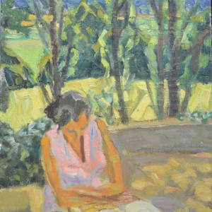 ANNE LISANT SUR LA TERRASSE